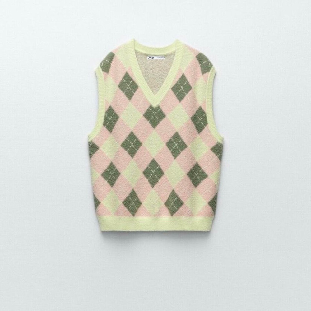 Zara Argyle V-Neck Sweater Vest - Pink, Green, Cream Size S Oversized Cozy Great